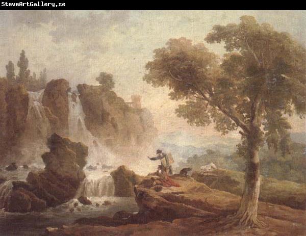 unknow artist Rome,a view of the falls at tivoli with two artists sketching from a promontory